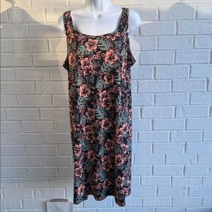 Columbia PFG Roundneck Tank Dress Black background Peach Green Tropical Print XL